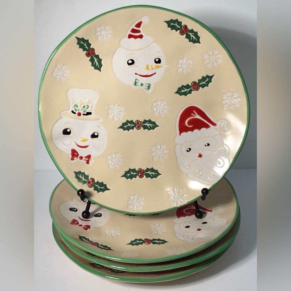 4 Salad Plates Santa Snowman Cream Vintage Vibes 8.5” Eli + Ana NEW